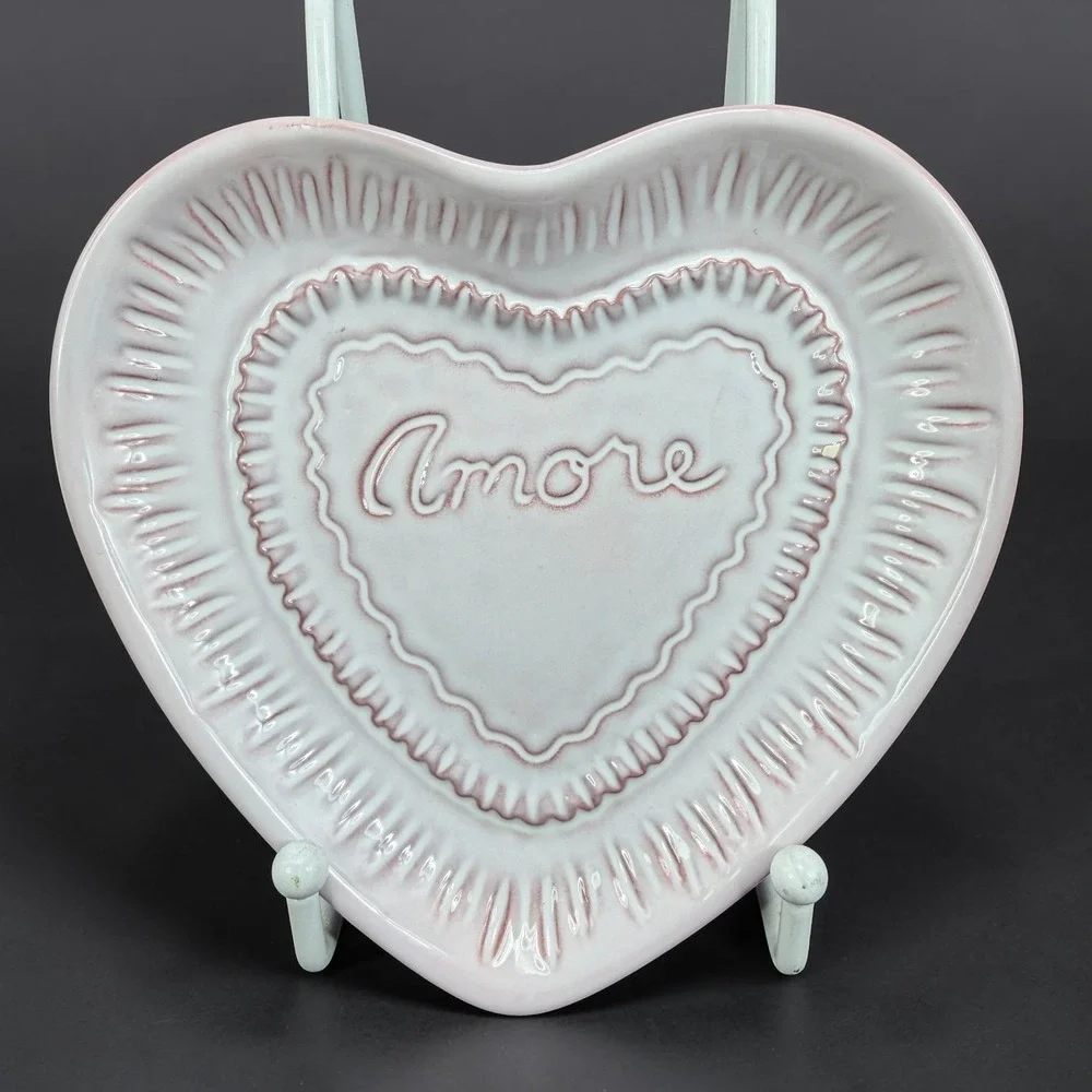 Pottery Barn Amore Heart Decorative Tray Pink Ceramic Trinket Dish 5 Inch